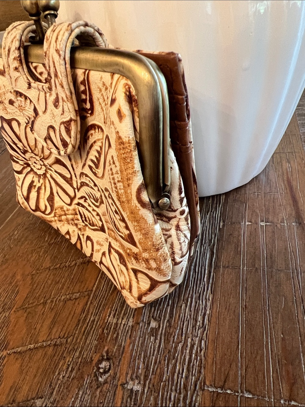 Myra Bag Cream and Brown Floral Embossed Coin Leather Wallet - Picture 3 of 9